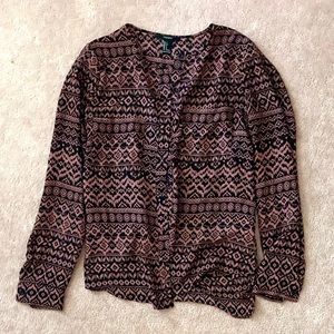 Patterned Crew Neck Long Sleeve Button Up